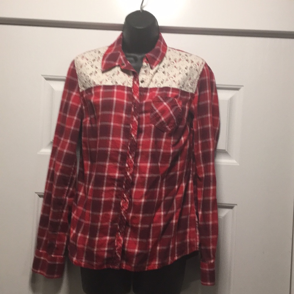 Red flannel with white lace on shoulders